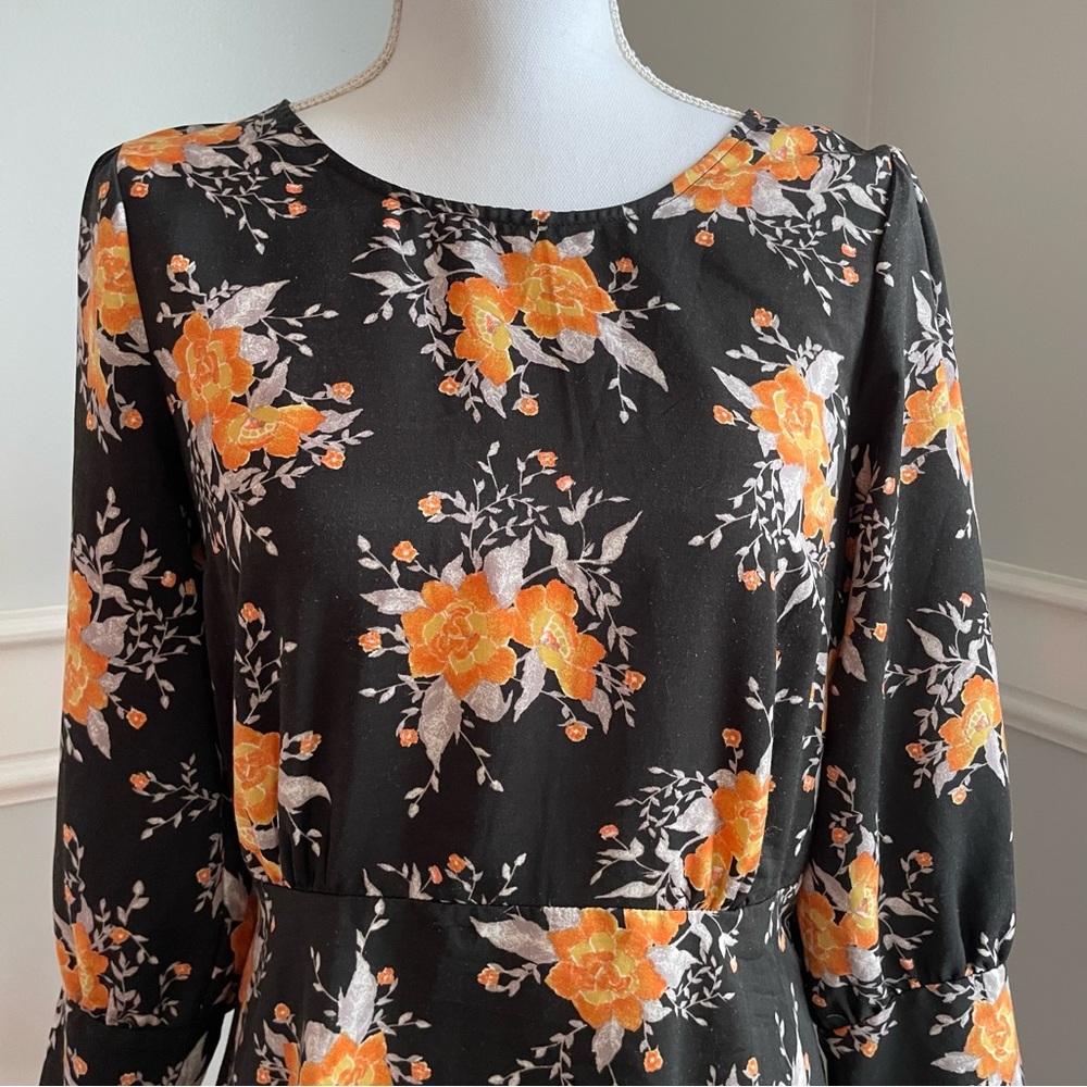 Free People Floral Black and Orange Dress Long Sleeves Button Back Side Zip Sz 8 - Picture 2 of 15